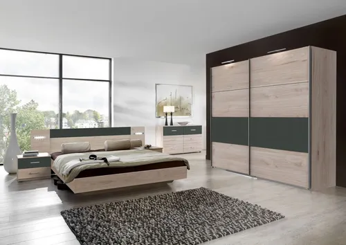 Wimex Schlafzimmer-Set Angie, 4-tlg. in Hickory Oak/Graphit - Komplettzimmer mit Schwebetürenschrank, Bett mit LED-Beleuchtung und 2 Nachttischen – ideal für modernen Schlafkomfort und stilvolle Einrichtung.
