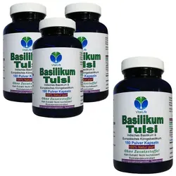 Basilikum Tulsi 720 Pulver Kapseln - Natur Pur ohne Zusatzstoffe - Basilikum Tulsi Kapseln (4x180) mit 100% natürlichen Zutaten, ohne Füllstoffe. Ideal für die tägliche Unterstützung, lactose- und glutenfrei, in praktischer Dosierung!