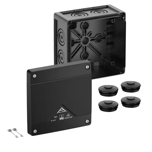 Spelsberg Abzweigkasten Abox Pro 060-L sw - IP66/IP67/IP69, ideal für industrielle Anwendungen und ungeschützten Außenbereich, inklusive 4 Doppelmembranstutzen