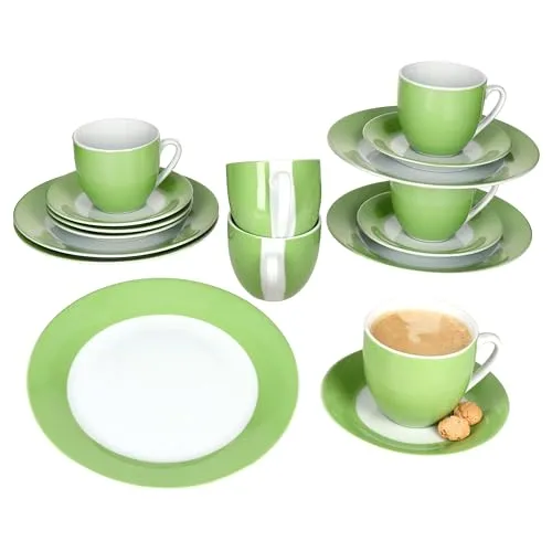 18tlg Kaffeeservice VARIANT GRÜN für 6 Personen - Elegantes Porzellan Kaffeeservice für 6 Personen, spülmaschinen- und mikrowellengeeignet. Genießen Sie stilvoll Kaffee und Tee mit frischem grünem Design und praktischen Untertassen für Kekse.