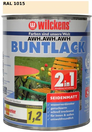 Wilckens Lackfarbe 2 in 1, Buntlack, 0,75l, Hellelfenbein RAL 1015 - Lacke für innen und außen, hochdeckend, schnelltrocknend und ideal für Holz, Metall und Kunststoff. Speziell für Kindermöbel geeignet, licht- und wetterbeständig.