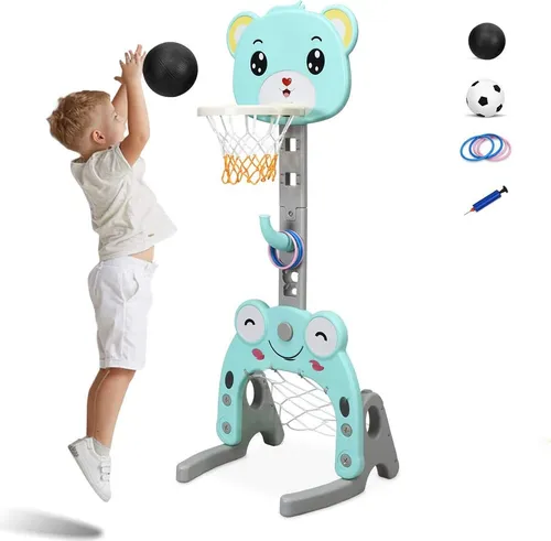 COSTWAY Kinder Basketballständer höhenverstellbar 3-in-1 - 3-in-1 Spielplatz für Kinder: Basketballkorb, Fußballtor und Wurfspiel in einem. Höhenverstellbar auf 5 Stufen, fördert Teamgeist und motorische Fähigkeiten. Ideal für drinnen und draußen, sofort spielbereit mit Zubehör.