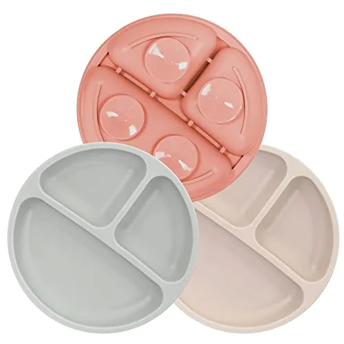 MOJINL Kinderteller mit Saugnapf Rutschfest Silikon Baby Teller BPA Frei Babyteller Kinder Tischset Babygeschirr Spülmaschinenfest für Kleinkinder 3 Stück (Grau/Beige/OrangeRot)