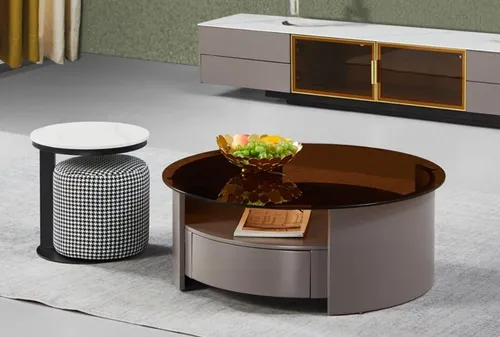 Grauner Luxus Couchtisch im modernen Design - Eleganter Couchtisch aus Holz in Grau, rund mit einem Durchmesser von 90 cm. Ideal für das Wohnzimmer, bietet eine stilvolle Ergänzung und ist Teil eines praktischen Tisch-Sets.