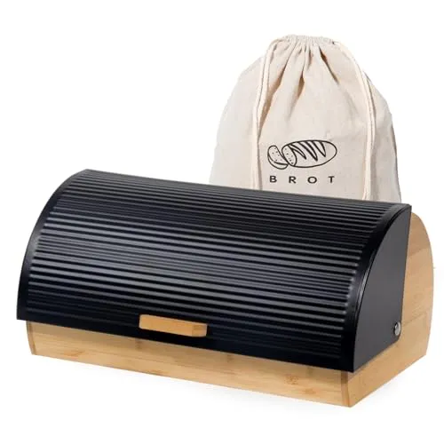 GREELUE Brotkasten Metall Holz, Brotbox Schwarz, Brot Aufbewahrungsbox groß, Brotkorb mit Deckel, Bread Box Küche, Brotbeutel (Schwarz-39cm)