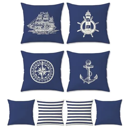 Bonhause 4er Set Kissenbezüge Nautisch Maritim 45 x 45 cm Doppelseitig Anker Segelboot Kompass Polyester Leinen Dekorative Kissenhülle Zierkissenbezüge für Sofa Wohnzimmer Zuhause Dekoration