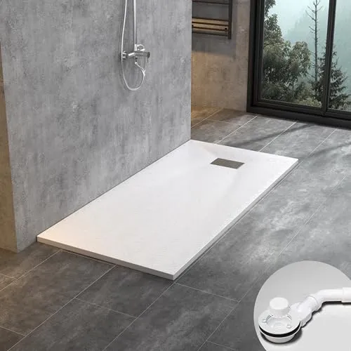 WITEN&NOCK SMC Duschwanne 160x80cm weiß Brausewanne Duschtasse 3,2cm extra flache Steinoptik Antirutsch inkl. Edelstahl Abdeckung und Ablaufgarnitur Ø90mm Siphon