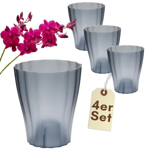 GarPet 4er Set Orchideentopf Rauchfarbig Orchideen Übertopf Pflanztöpfe Übertöpfe für Orchideen Topf aus Kunststoff Innen Blumentopf Elegant 13 cm