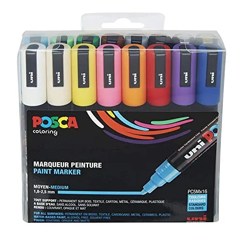 Posca Acrylstifte PC-5M, 16 Stück - Farbvielfalt für kreative Projekte - Schreibutensilien mit 16 hochwertigen Pigmentmarkern in verschiedenen Farben. Ideal für vielseitige Anwendungen auf Holz, Stoff, Stein und mehr. Permanente, wasserbasierte Farben für brillante Ergebnisse.