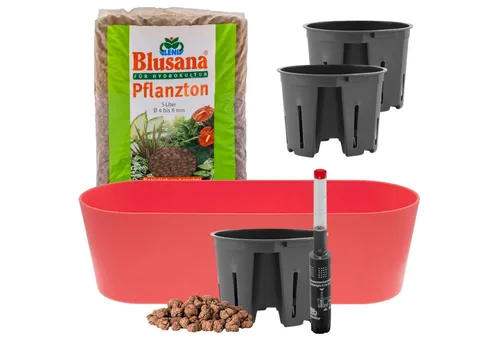 LENI Jardiniere Blumentopf länglich Pflanzkasten 36 cm lang Kräuter & Zimmerpflanzen (Komplettes Starter Set Selbstbewässerungstopf, mit 3 x Kulturtopf, 1 x Wasserstandsanzeiger, 5l Pflanzton), Übertopf ohne Loch für Hydrokultur & Erde, perfekt als Kräuter-Topf