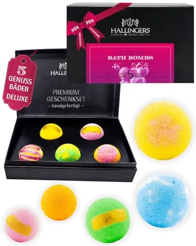 Produktbild Hallingers Genuss Manufaktur Badebomben Geschenkset – 5 Badekugeln in Geschenkbox, Wellness & Spa für Frauen, aromatisches Badeset, Geschenkidee, auch zu Weihnachten, Bath Bomb Badezusatz