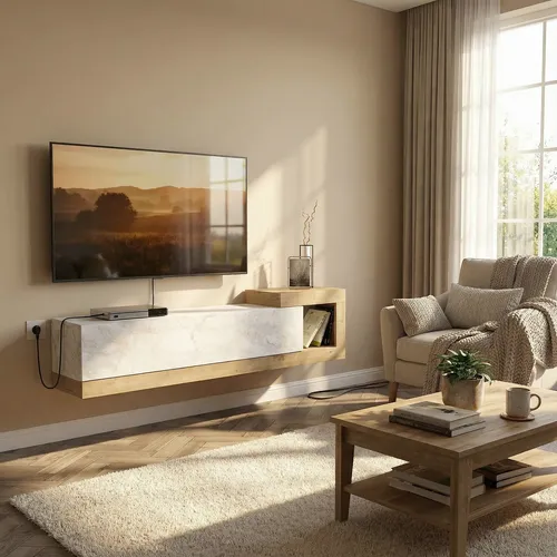 TV Lowboard Bliss in Weiß Marmor Optik - Modernes Lowboard mit edler Steinoptik, ideal für stilvolle Wohnzimmer. Bietet viel Stauraum und Platz für TV und Zubehör. Pflegeleichte, kratzfeste Oberfläche und einfache Montage.