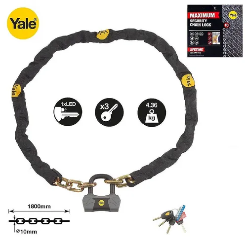 Yale Kettenschloss 1,8m - Maximale Sicherheit für Ihr Fahrrad - Fahrradschlösser mit 1,8m Länge, bietet hohe Sicherheit gegen Diebstahl und ist ideal für den täglichen Einsatz.