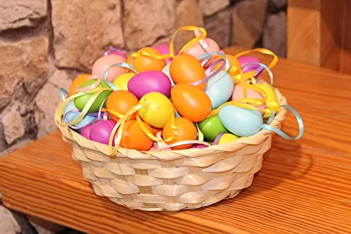 KAMACA 72 Bunte Ostereier aus Kunststoff mit Bändchen zum Aufhängen, Bemalen, Bekleben Kunststoffeier Osterdeko Deko zu Ostern Osterzeit (72 Stück Pastell 4cm)