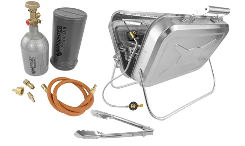 Gasgrill BBQ 45 Edelstahl im Koffer + Propanflasche 0,5kg + Zubehör - GARDINGER