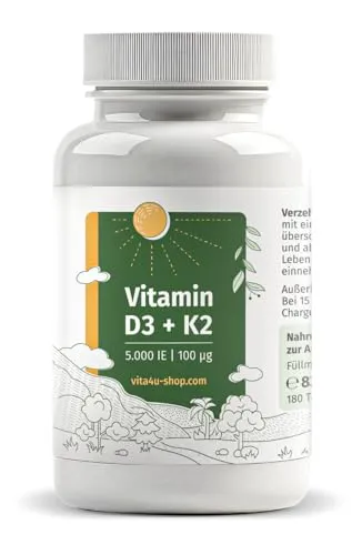 Vitamin D3 5000 I.E. mit 100μg Vitamin K2 All-Trans-MK7-180 vegetarische Tabletten