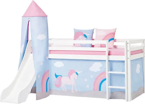 Hoppekids Bettturm «Einhorn» – Hochbett & Spielbett in Blau/Rosa - Kinderzimmermöbel mit einer Höhe von 185 cm, ideal für kreative Spielabenteuer und süße Träume. Empfohlen ab 18 Monaten, sorgt für sicheren Spielspaß unter Aufsicht.