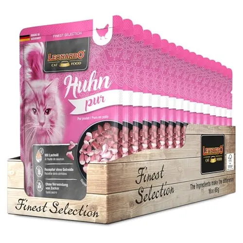 Leonardo Frischebeutel Huhn pur [16x85g] | Getreidefreies Nassfutter für Katzen - Beutelfutter für Katzen, ideal für alle Rassen, mit hohem Geflügelanteil und ohne Getreide – für eine gesunde Ernährung Ihrer Katze.