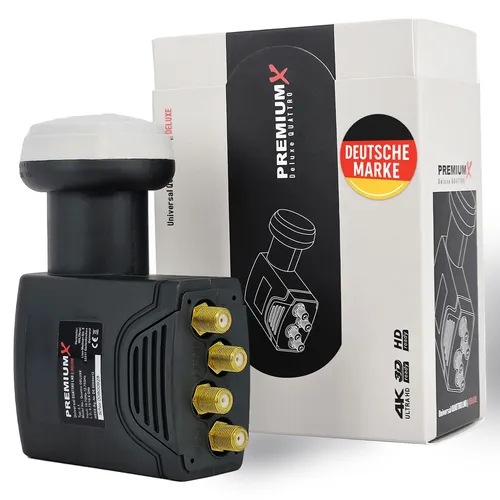 Premium X Deluxe Quattro LNB für Multischalter - Hochwertiger LNB für Mehrteilnehmer-Satellitenanlagen, bietet optimale Empfangsqualität in HD, UHD 4K und 8K. Robustes, wasserdichtes Gehäuse mit vergoldeten F-Anschlüssen für beste Signalübertragung.
