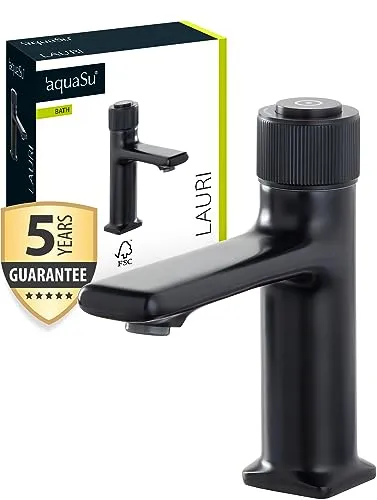 aquaSu® Schwarze Waschtischarmatur Lauri mit Drehgriff - Moderne Touch-On-Wasserhähne für Badezimmerwaschbecken, mit werkzeugloser Montage und langlebiger Keramikkartusche für mühelose Temperaturregelung.