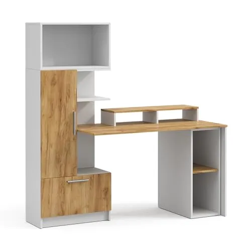 Vicco Tomy Schreibtischset Weiß/Goldkraft Eiche 150 x 59 cm - Praktisches 4-teiliges Schreibtischset mit integriertem Regal für optimale Organisation im Homeoffice. Stilvolles Design kombiniert mit cleveren Stauraumlösungen für mehr Produktivität.