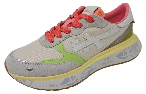 Premiata Damen Sneaker LAURYN 31202-37 bis 41 - Stylische Lowtop-Sneaker in beige-grau-multicolor, aus hochwertigem Veloursleder mit flachem Absatz. Ideal für trendbewusste Damen, die Komfort und Design schätzen.