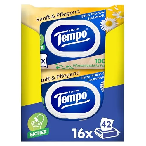 Tempo Feuchte Toilettentücher Sanft Pflegend Megapack - Toilettenpapier, parfumfrei und plastikfrei, mit 3 Lagen für sanfte Pflege und mehr als 500 Tücher pro Megapack.