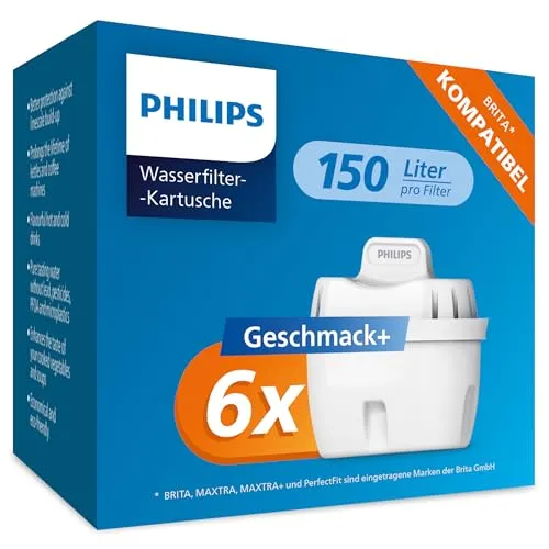 Philips Water Wasserfilter-Kartuschen Geschmack+, 6er-Pack - Wasserfilterkartuschen für Trinkwasser, kompatibel mit Philips und Brita, reduziert Mikroplastik, Chlor und Kalk für besseren Geschmack und umweltfreundliche Nutzung.