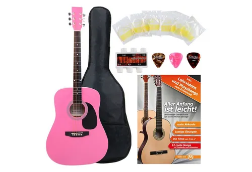 Classic Cantabile Westerngitarre Starter-SET pink - Komplettes Westerngitarrenset im Dreadnought-Style mit 6 Saiten und 20 Bünden, inkl. Tasche, Plektren und Notenheft für Anfänger, ideal für Einsteiger in die Musik.