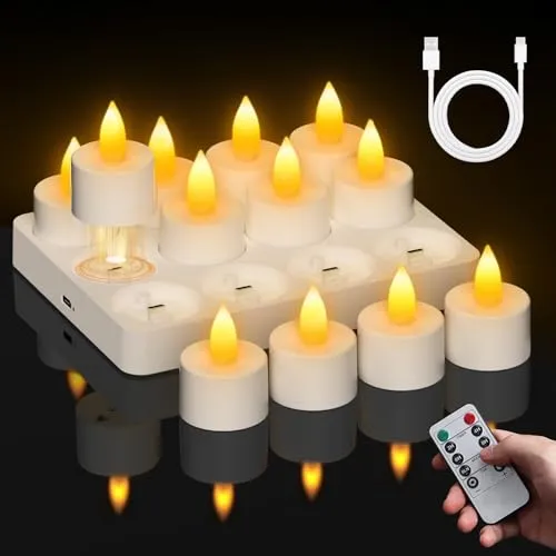 Lepwings 12 Stück LED Teelichter Wiederaufladbar mit Timer & Fernbedienung, Flackernde Elektrische Teelichter mit Ladestation, 18–95 Std Leuchtdauer, LED Kerzen für Weihnachten, Tischdeko & Party