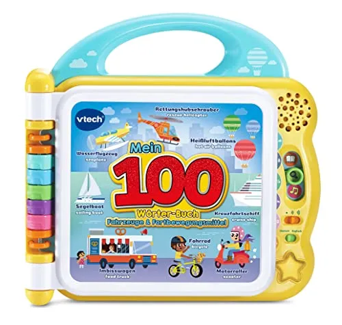 VTech Baby Mein 100-Wörter-Buch: Interaktives Bilderbuch für Fahrzeuge - Gesellschaftsspiel für Kinder von 2-5 Jahren, fördert spielerisch Sprachkenntnisse mit über 100 Wörtern in Deutsch und Englisch und bietet 3 spannende Spielmodi.