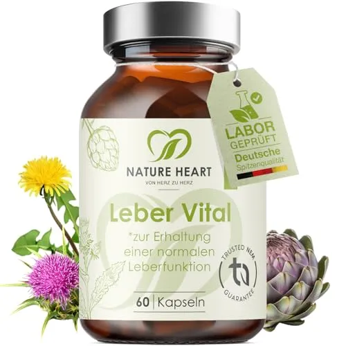 Nature Heart Leber Vital 60 Kapseln – Mit Cholin für normalen Fettstoffwechsel & Leberfunktion – 9 Pflanzenextrakte mit Mariendistel & Artischocke – Vegan, ohne Zusatzstoffe