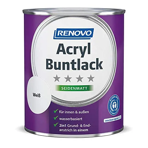 Renovo 2 in 1 Acryl Buntlack, 0,75 Liter – Weiß Seidenmatt - Hochwertiger 2 in 1 Acryl Buntlack für Innen und Außen, bietet exzellente Deckkraft und ist schnelltrocknend für effizientes Arbeiten.