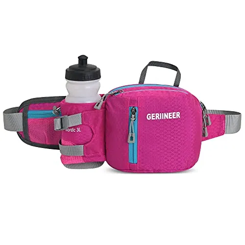 GERIINEER Wasserdichte Bauchtasche Gürteltasche mit Flaschenhalter Damen und Herren, Bauchtasche Geeignet für Reise Sport Running und Alle Outdoor Aktivitäten, Hüfttasche Damen Herren Sport (Rosa rot)