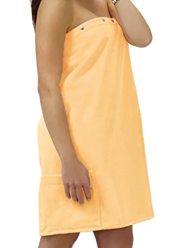 Lashuma Saunakilt Dame Gelb - Saunatuch Fun aus Frottee Baumwolle, anpassbar mit Druckknöpfen, inklusive praktischer Seitentasche - ideal für Wellness und Entspannung.