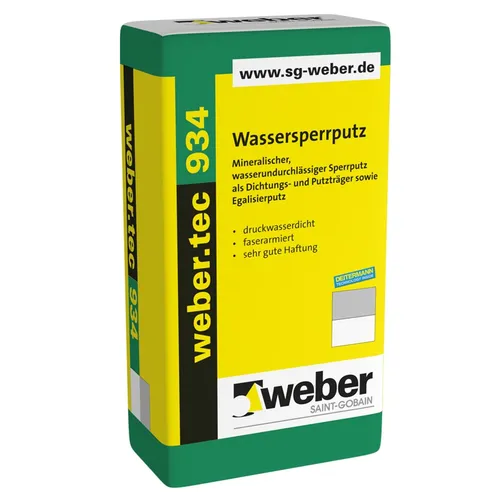SG weber.tec 934 - Wassersperrputz, 25kg - Druckwasserdichter Putz, ideal als Dichtungs- und Putzträger für Sockelbereiche und egalisierte Flächen, faserarmiert für hohe Stabilität.