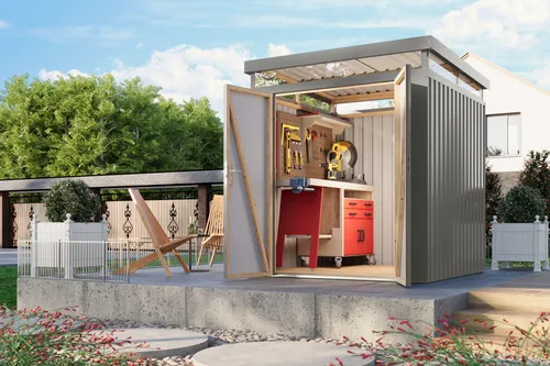 Karibu Metallgerätehaus Boldmere M – Robust und Elegant - Entdecken Sie das Karibu Metallgerätehaus Boldmere M: Stabil, wartungsarm und mit hochwertiger Polyesterbeschichtung für optimalen Witterungsschutz. Inklusive abschließbarem Spannschloss und integriertem Oberlicht für eine helle Atmosphäre.