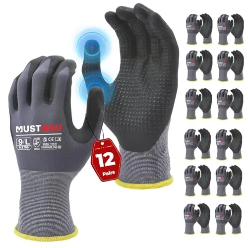 Mustbau Arbeitshandschuhe Schwarz mit Touchscreen - Arbeitshandschuhe für Mechaniker und Bauarbeiten, mit Nitril-Beschichtung für optimalen Grip, wasserabweisend und ölbeständig – ideal für anspruchsvolle Aufgaben.