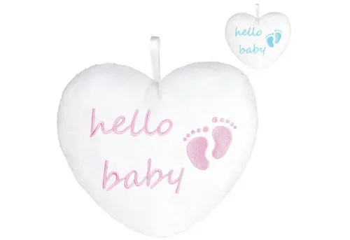 BRUBAKER Dekokissen Plüschherz Hello Baby 25 cm - Babyparty Geschenk zur Geburt, Zierkissen Herz aus Plüsch - Babyzimmer Deko - Kissen