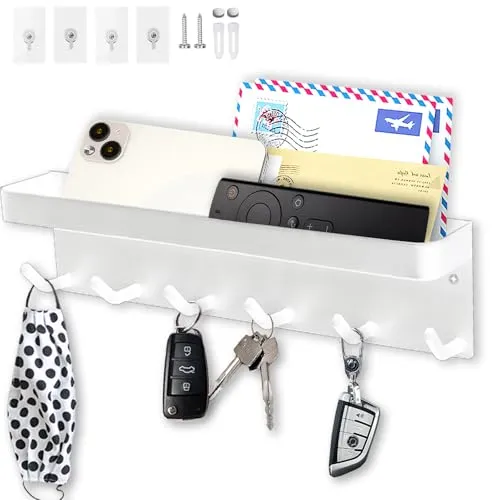Echehi Schlüsselhalter mit 6 Haken, Einfach zu Installierende Schlüsselbrett Ohne Bohren, Metall Schlüsselablage, Garderobe, Briefständer, Geeignet für Eingangsbereiche und Hinter Türen. Weiß