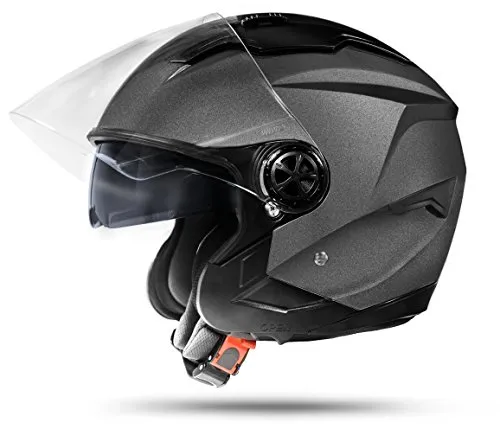 ATO-Moto LA Street Jet Helm Grau Größe: M 57/58cm + Doppelvisier System + Integrierte Visiermechanik + 4 Punkt Belüftung und neuste Sicherheitsnorm ECE 2205