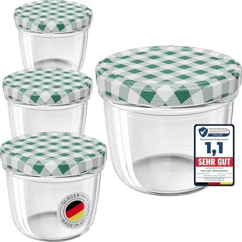 WELLGRO Einmachgläser 100er Set - 230 ml, grün karierte Deckel - Einmachgläser aus hochwertigem Glas, ideal für die umweltfreundliche und kreative Lagerung von Lebensmitteln. Made in Germany, wiederverwendbar und spülmaschinenfest.