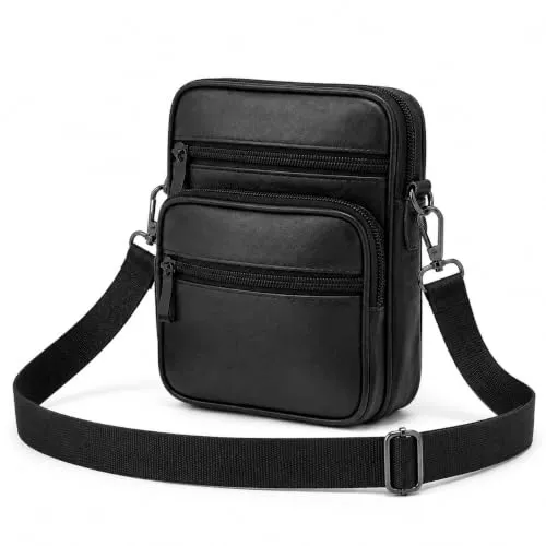 Sotala Umhängetasche Schultertasche Echtleder Herren Damen Crossbody Tasche kleine Messenger Bag Gürteltasche Hüfttasche 4 Fächer Schwarz verstellbarer Gurt