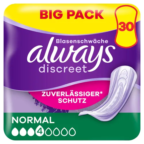 Always Discreet Inkontinenz Normal Big Pack 30 Höschen - Inkontinenzeinlagen für Frauen, bieten zuverlässigen Rundumschutz und eine diskrete Passform für mehr Sicherheit im Alltag.