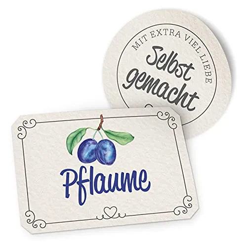 itenga Marmeladen Etikett Pflaume Aufkleber selbstgemacht Sticker weiß Landhausstil selbstklebend - hochwertiges Papier - 10 Aufkleber rund und 10 Aufkleber rechteckig