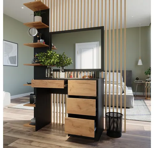 Vicco Schminktisch Sherry, Anthrazit/Goldkraft Eiche 90x75 cm - Modernen Schminktisch ohne Spiegel mit 4 Schubladen und 4 Türen, ideal für stilvolle Aufbewahrung in Ihrem Schlafzimmer oder Ankleidezimmer.