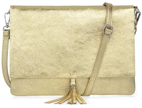 Caspar Elegante Leder Umhängetasche XL Clutch Abendtasche Damen Handtasche mit Quaste - CLASSIC LINE - Modell No.829 - Made in Italy, Farbe:gold metallic