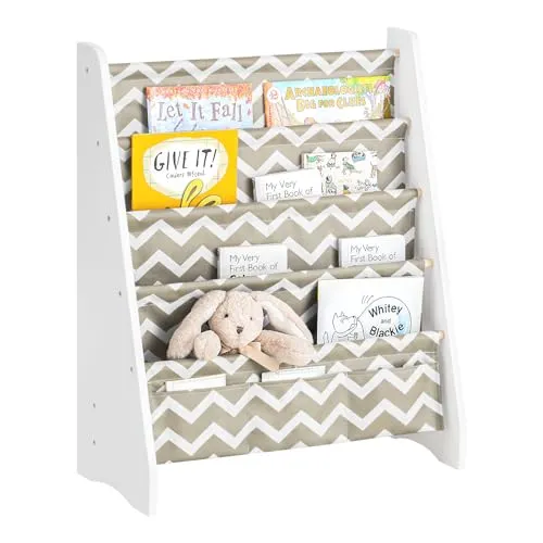 SoBuy KMB50-HG Kinder-Bücherregal - Kinderzimmerregal mit 4 Stoffhängefächern, ideal zum ordentlichen Verstauen von Büchern und Magazinen. Perfekte Größe für Kleinkinder und in 4 Farben erhältlich.