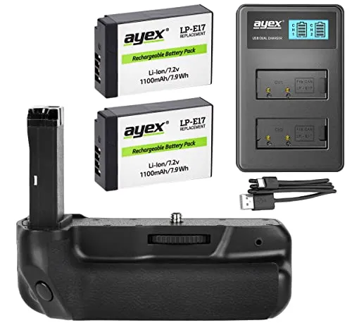 ayex Batteriegriff für Canon EOS 800D, 77D, 9000D - Zubehör-Set mit 2x LP-E17 Akku - Kamera-Akkus: Ergonomischer Batteriegriff mit 2 langlebigen ayex LP-E17 Akkus und USB Dual Ladegerät für optimale Leistung und Flexibilität.