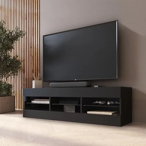 Komodee TV Schrank Tivoli, Schwarz - TV-Halterung mit großzügigem Stauraum für RTV-Geräte und Schallplatten. Elegantes Design mit hochwertigen Materialien, ideal für Wohnzimmer oder Schlafzimmer.